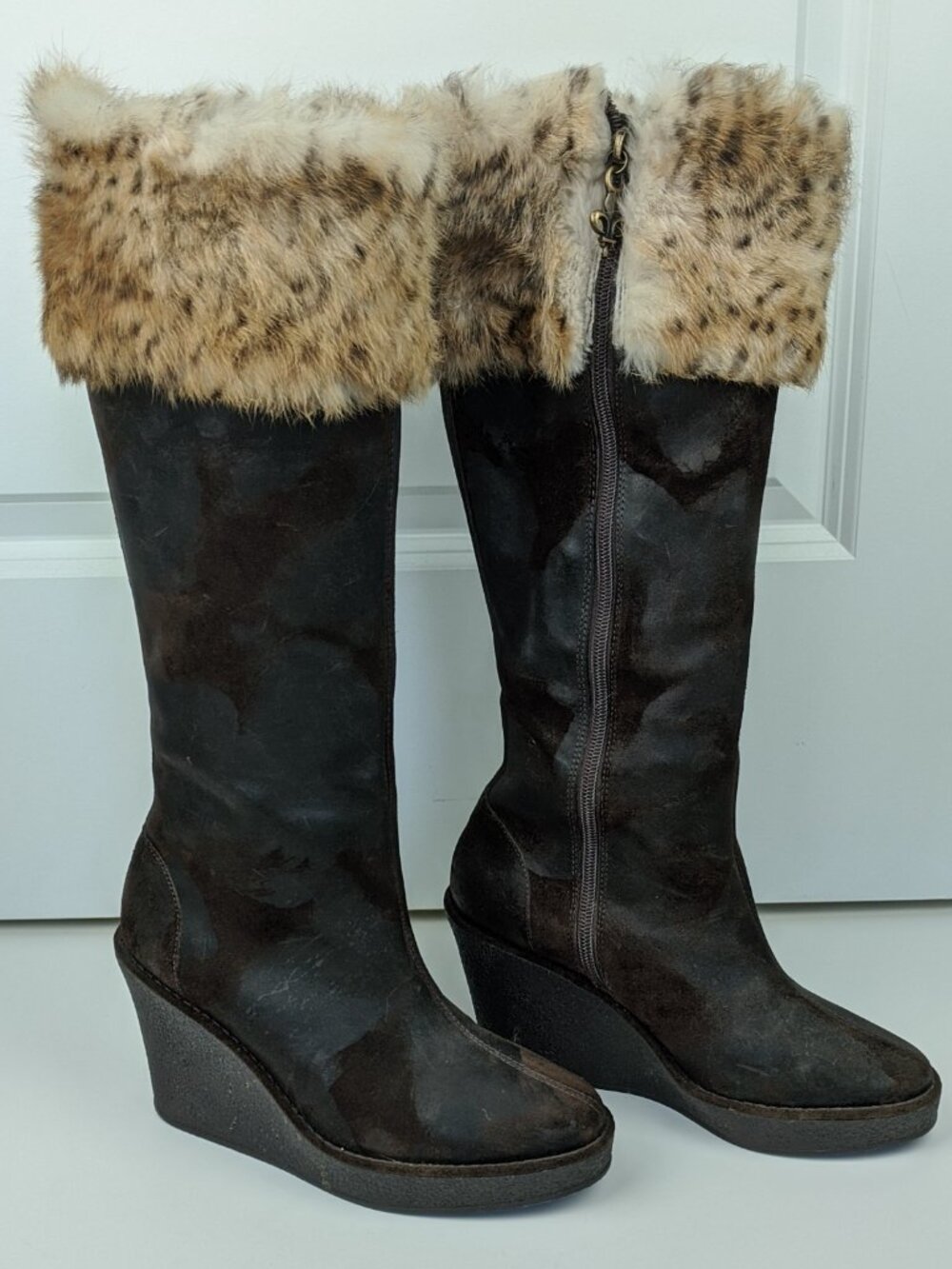 DONALD PLINER Tiara Dark Brown Distressed Suede Wedge Boots with Fur Cuffs